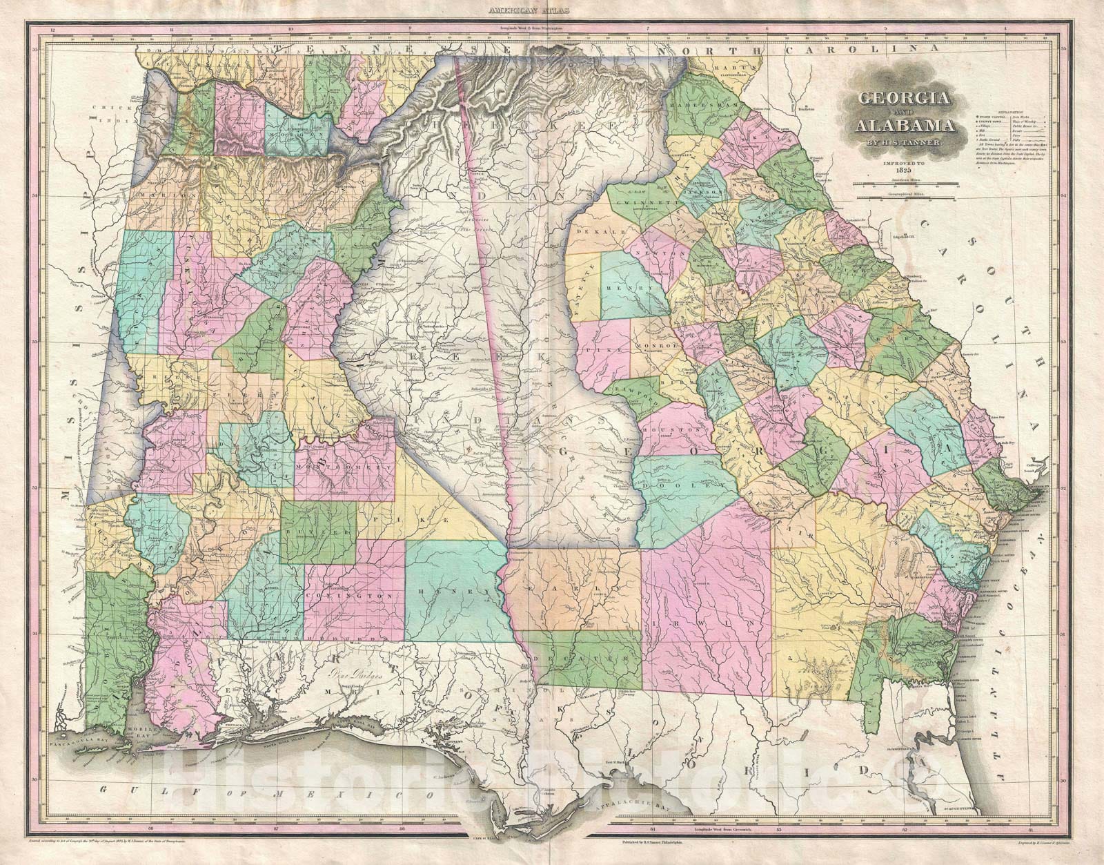 Historic Map : Georgia and Alabama "Creek, Cherokee", Tanner, 1825, Vintage Wall Art
