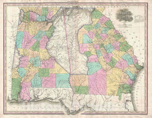 Historic Map : Georgia and Alabama "Creek, Cherokee", Tanner, 1825, Vintage Wall Art