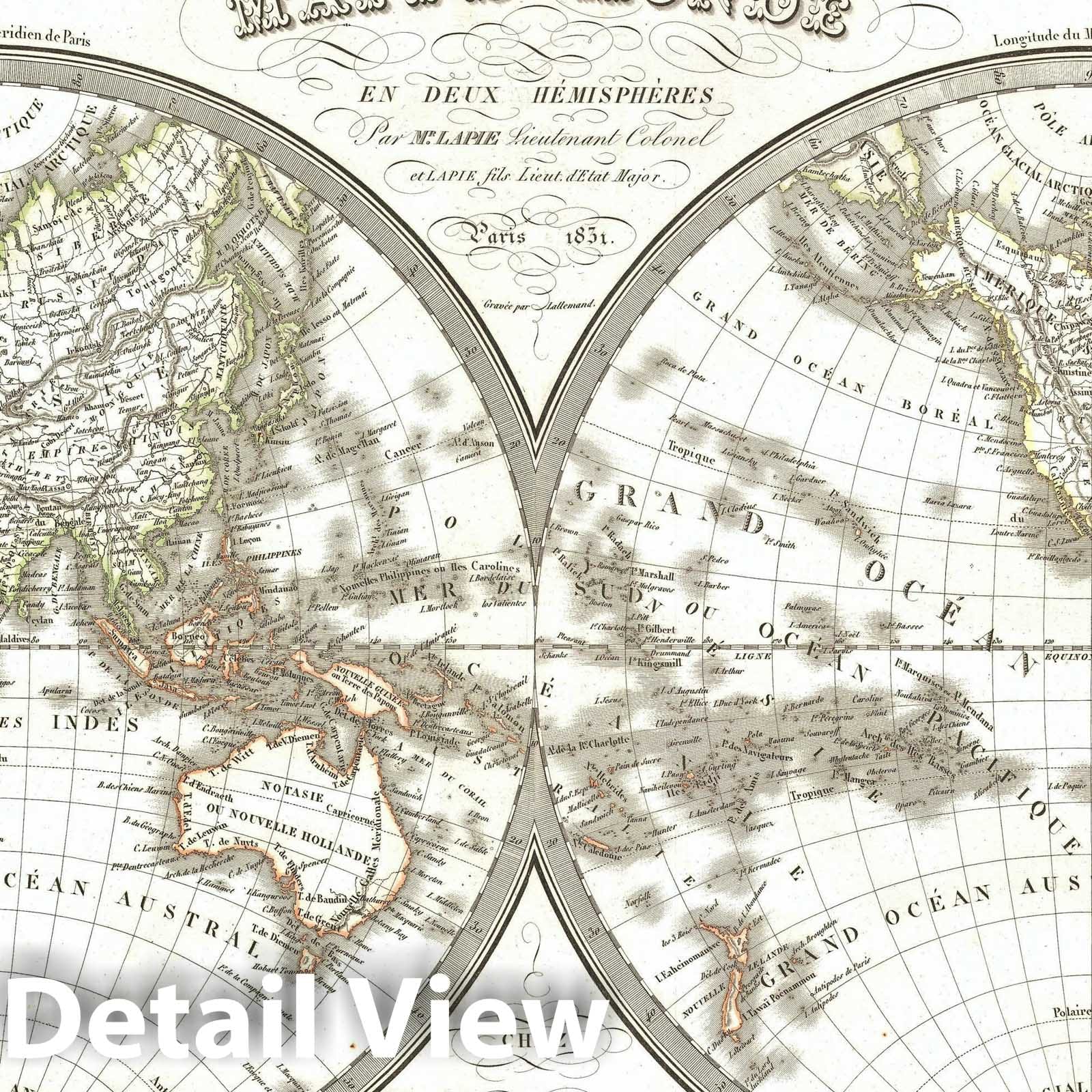 Historic Map : The World in Hemispheres, Lapie, 1831, Vintage Wall Art