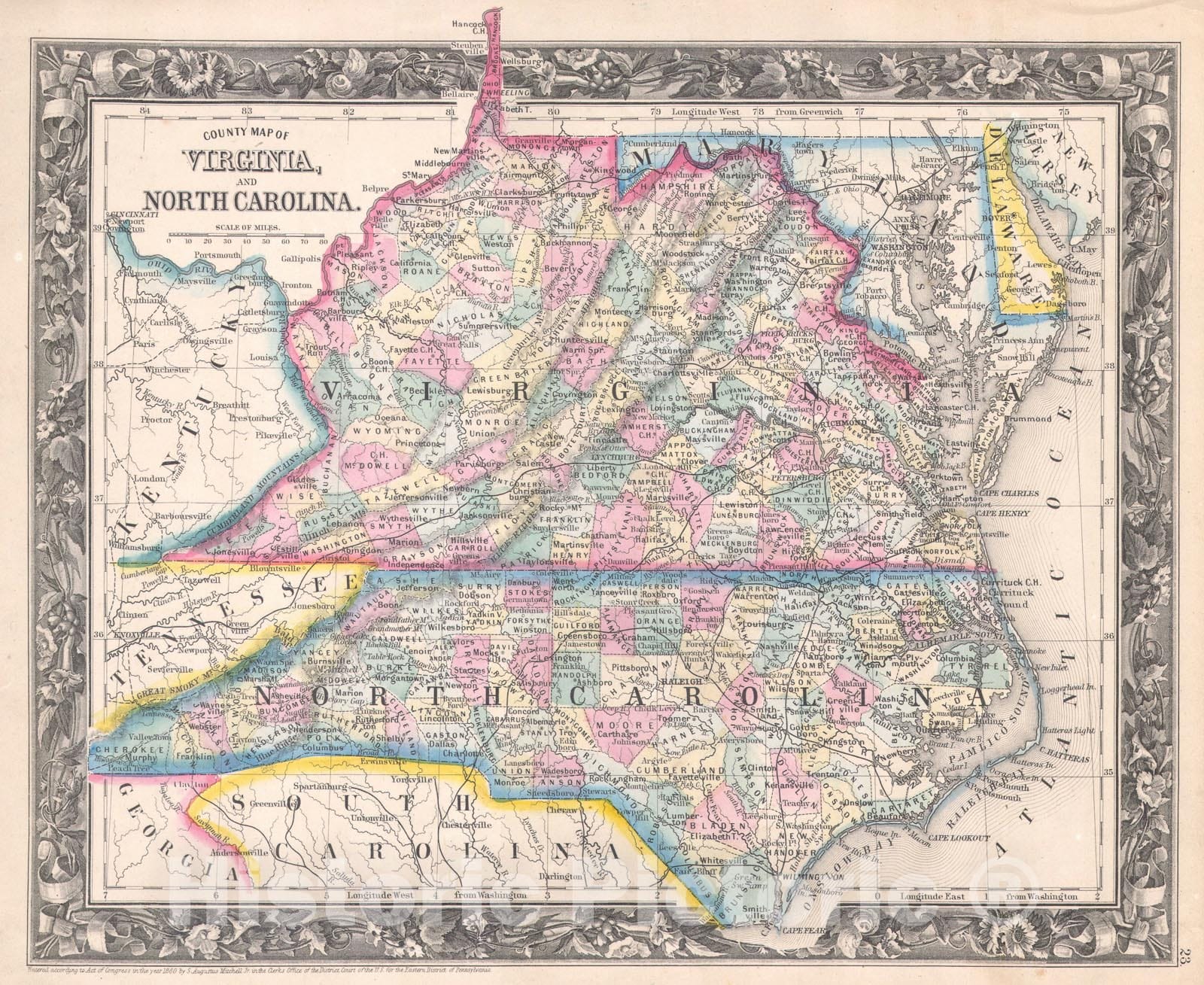 Historic Map : Virginia "undivided" and North Carolina, Mitchell, 1860, Vintage Wall Art