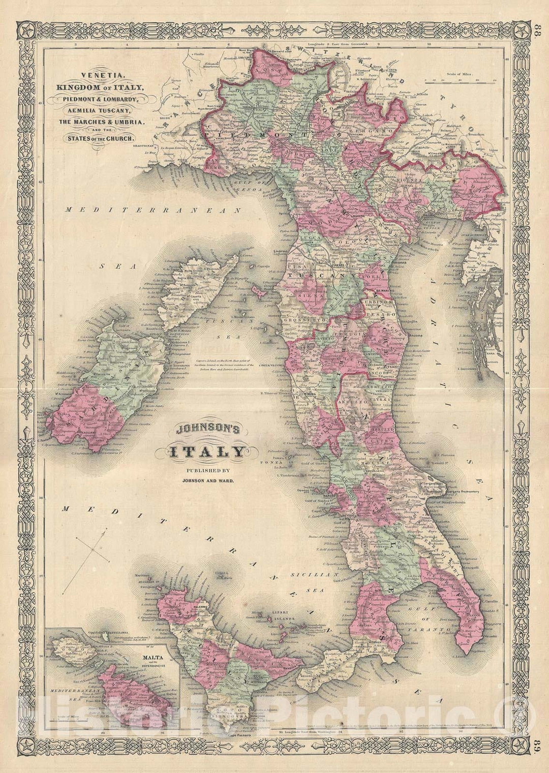Historic Map : Italy, Johnsons, 1866, Vintage Wall Art