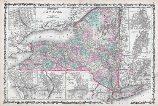 Historic Map : New York State, Johnson, 1861, Vintage Wall Art