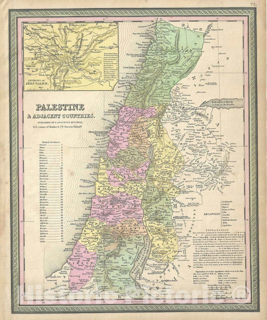 Historic Map : Palestine, Israel or The Holy Land, Mitchell, 1849, Vintage Wall Art