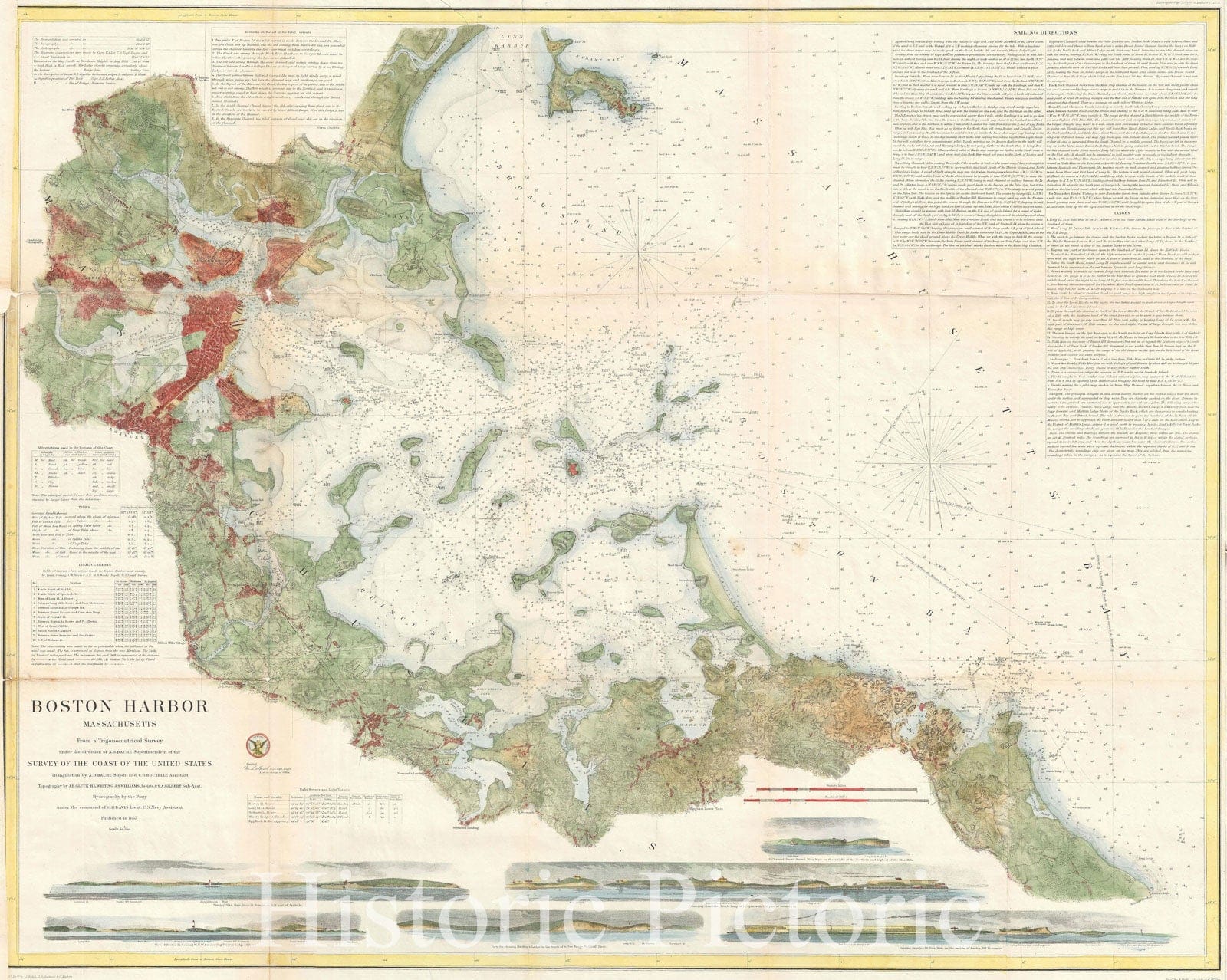 Historic Map : Nautical Chart Boston Bay and Harbor, Massachusetts, U.S. Coast Survey, 1857, Vintage Wall Art
