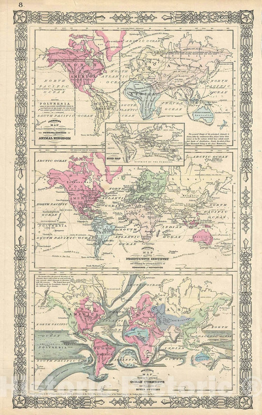 Historic Map : The World showing The Animal Kingdom, Industries, and Currents, Johnson, 1864, Vintage Wall Art