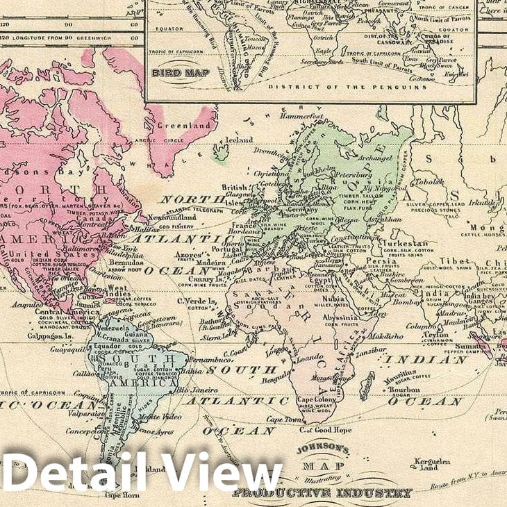 Historic Map : The World showing The Animal Kingdom, Industries, and Currents, Johnson, 1864, Vintage Wall Art