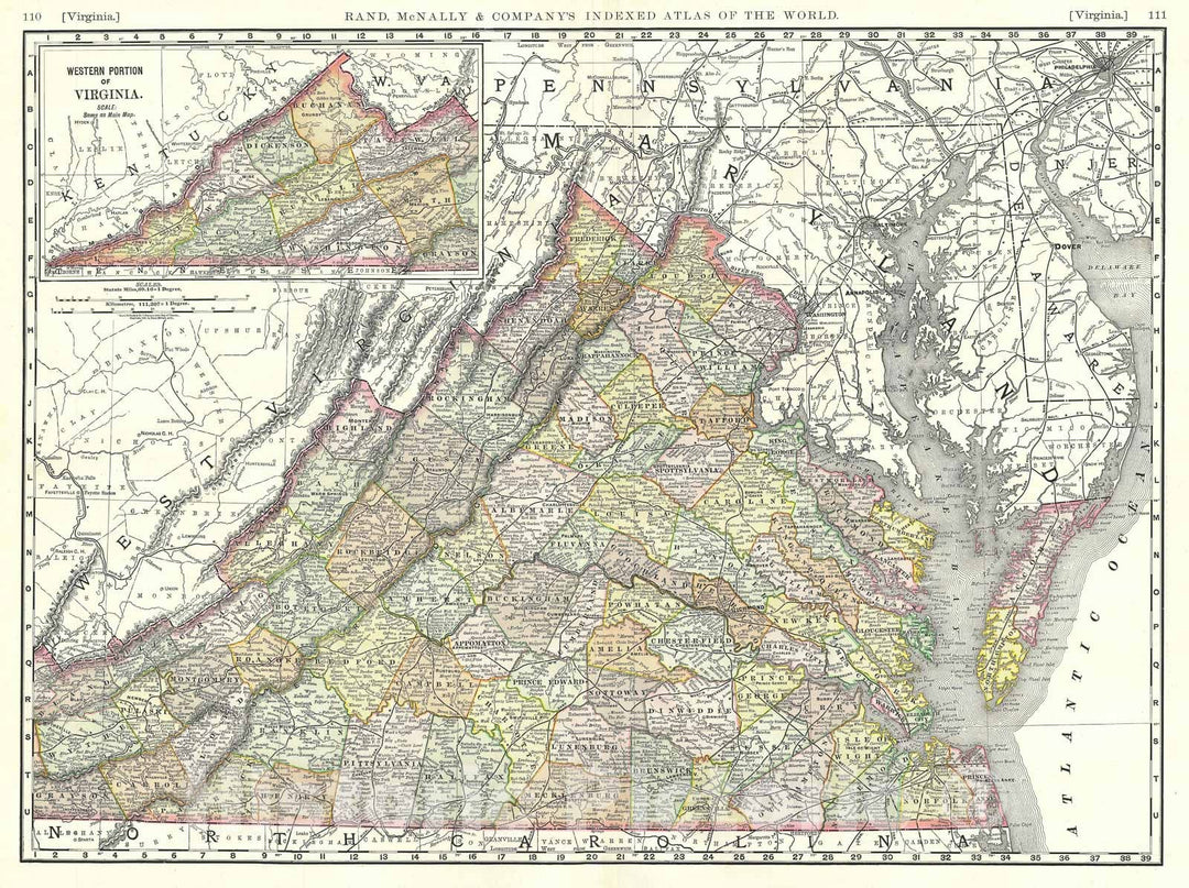 Historic Map : Virginia, Rand McNally, 1889, Vintage Wall Art