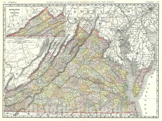 Historic Map : Virginia, Rand McNally, 1889, Vintage Wall Art