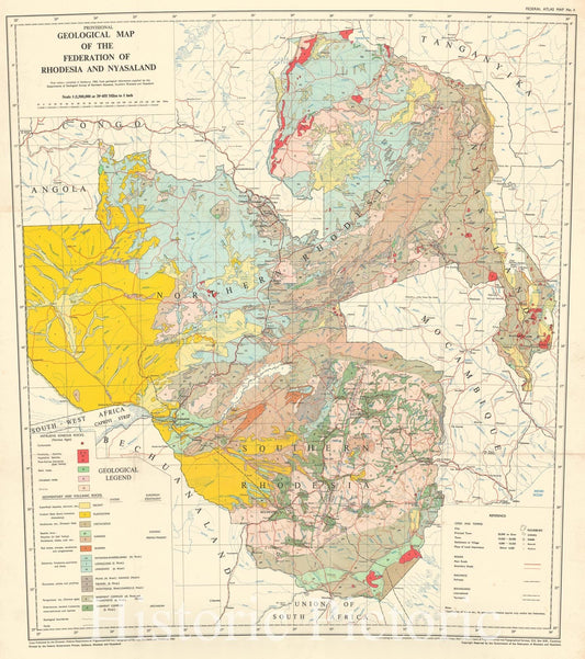 Historic Map : Rhodesia and Nyasaland "Zimbabwe", Geological, 1961, Vintage Wall Art