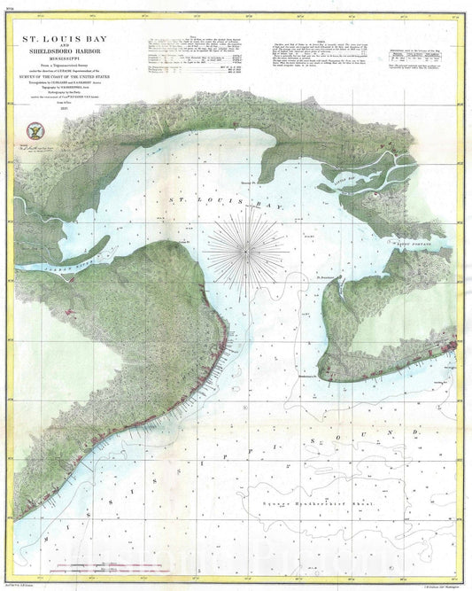 Historic Map : St. Louis Bay Shieldsboro Harbor, Mississippi, U.S. Coast Survey, 1857, Vintage Wall Art