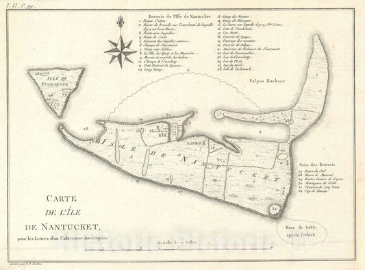 Historic Map : Nantucket Island, Massachuysetts, Tardieu - Crevecoeur, 1785, Vintage Wall Art