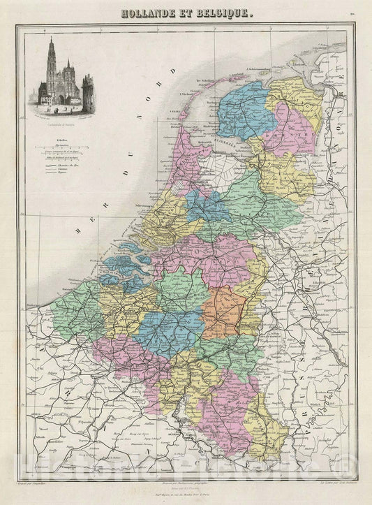 Historic Map : Holland and Belgium, Migeon, 1878, Vintage Wall Art