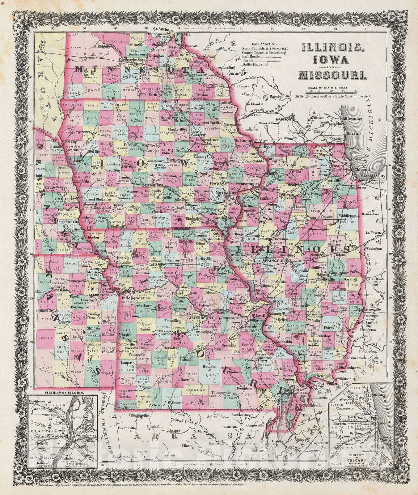 Historic Map : Illinois, Iowa amd Missouri, Colton, 1858, Vintage Wall Art