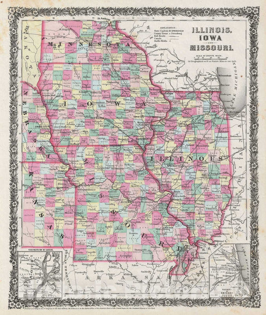 Historic Map : Illinois, Iowa amd Missouri, Colton, 1858, Vintage Wall Art