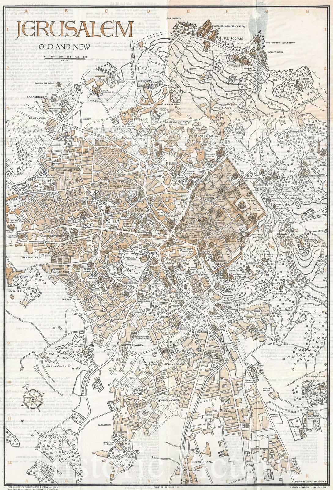 Historic Map : Steimatzky Pictorial Map of Jerusalem, 1942, Vintage Wall Art