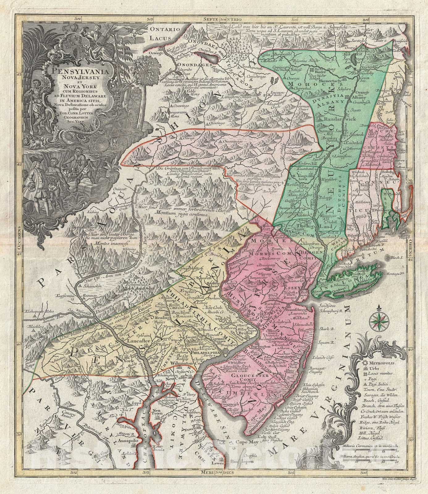 Historic Map : Pennsylvania, New Jersey and New York, Lotter, 1756, Vintage Wall Art