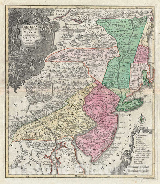 Historic Map : Pennsylvania, New Jersey and New York, Lotter, 1756, Vintage Wall Art