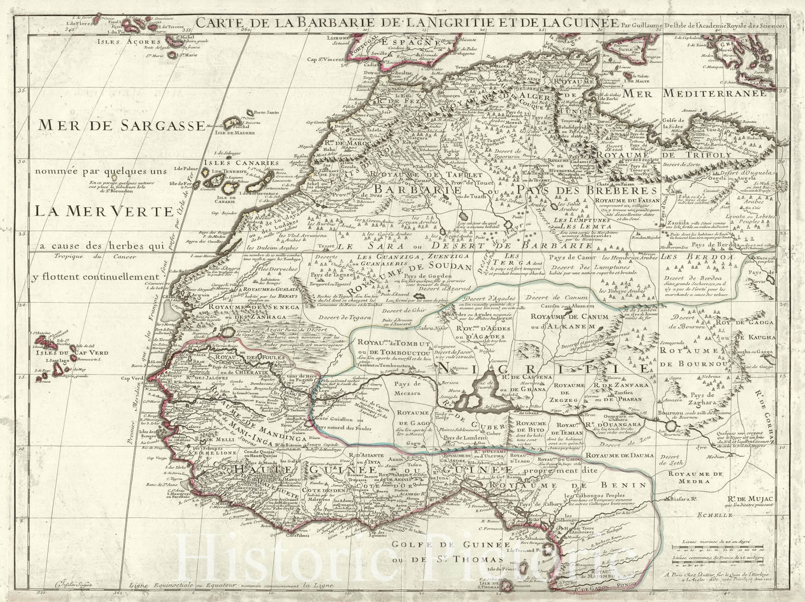 Historic Map : Western Africa w/ Canary Islands and St. Brendan Isle, Delisle, 1707, Vintage Wall Art