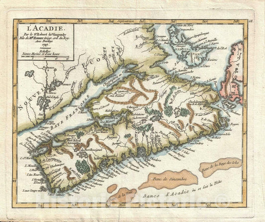 Historic Map : Nova Scotia, Vaugondy, 1749, Vintage Wall Art