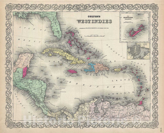 Historic Map : The West Indies, Colton, 1884, Vintage Wall Art
