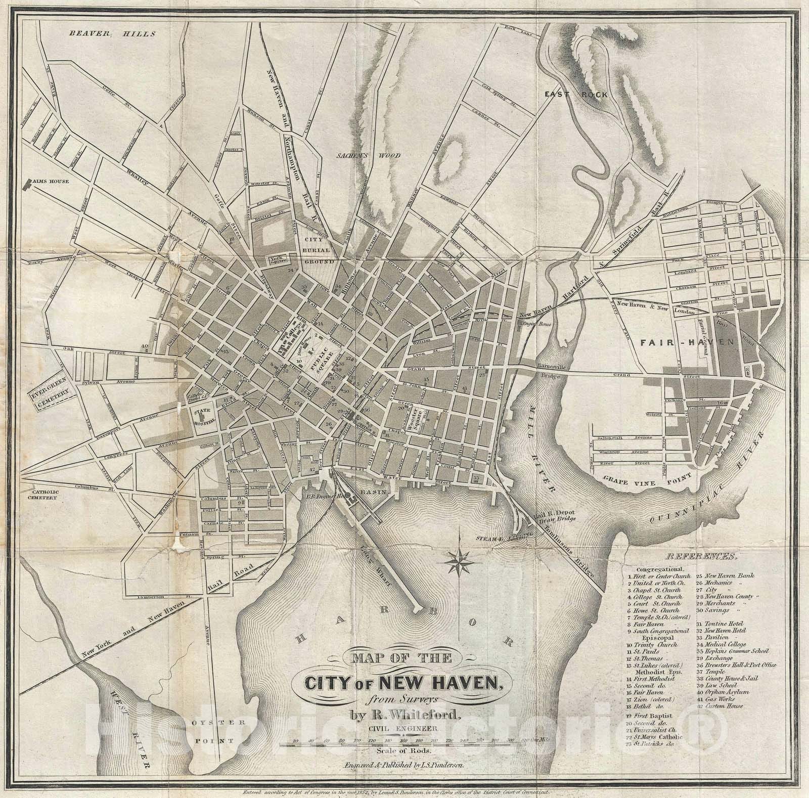 Historic Map : New Haven, Connecticut "Yale", Whiteford, 1852, Vintage Wall Art