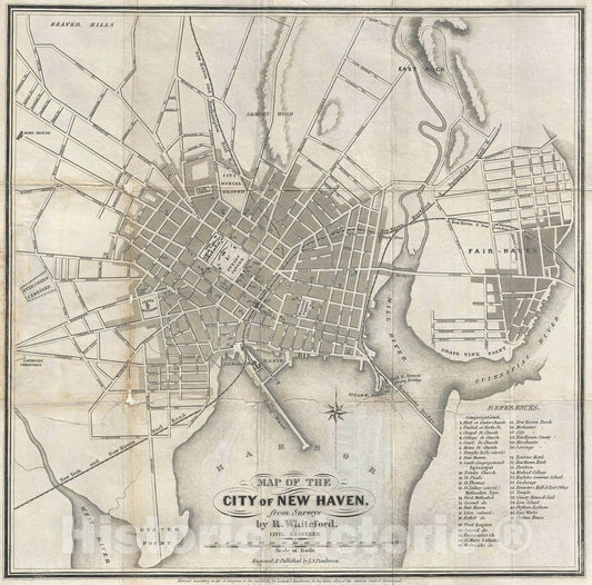 Historic Map : New Haven, Connecticut "Yale", Whiteford, 1852, Vintage Wall Art
