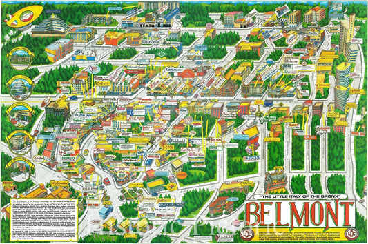 Historic Map : Ranlee Pictorial Map of Belmont, The 'Little Italy' of The Bronx, New York City, 1986, Vintage Wall Art