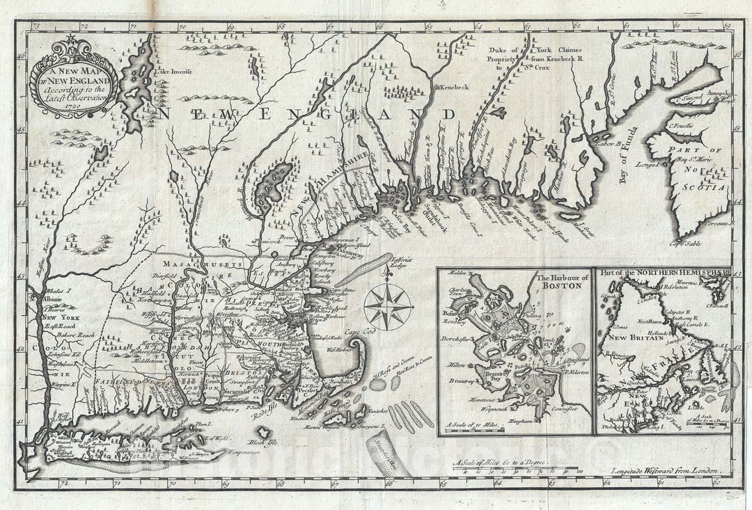 Historic Map : New England, Neal, 1720, Vintage Wall Art