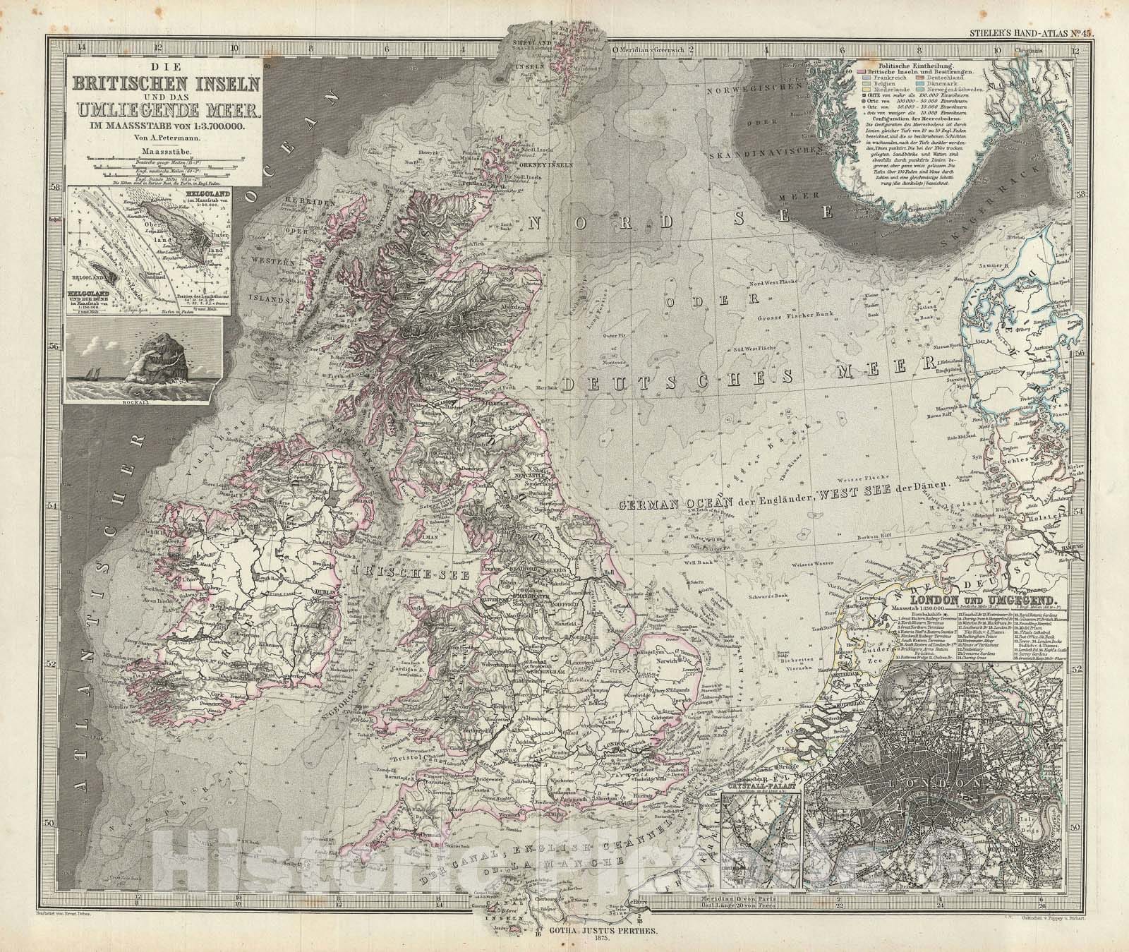 Historic Map : The British Isles, Stieler, 1873, Vintage Wall Art