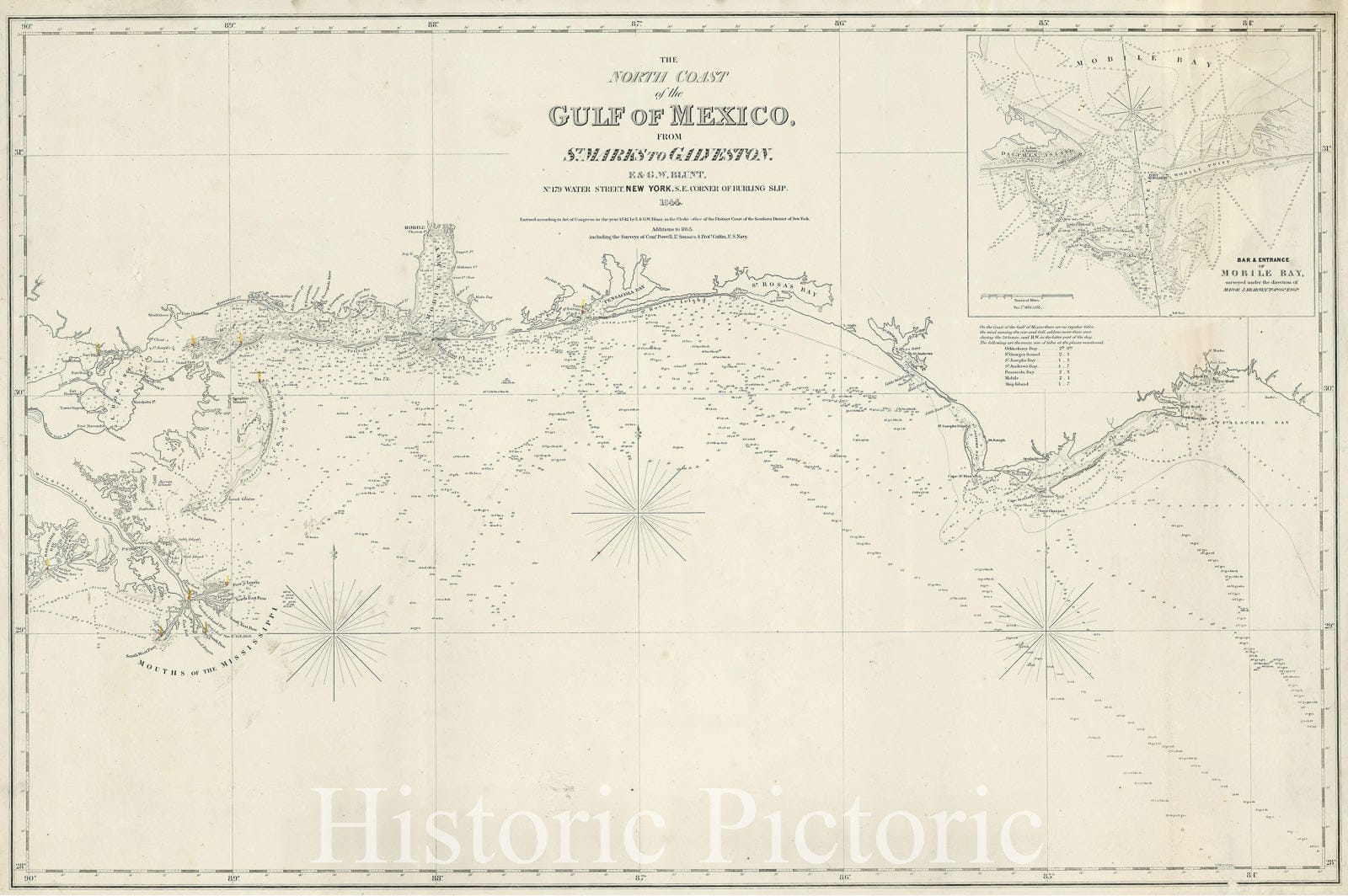 Historic Map : Nautical Chart Gulf Coast from Mississippi River Delta to St. Marks, Florida, Blunt, 1844, Vintage Wall Art