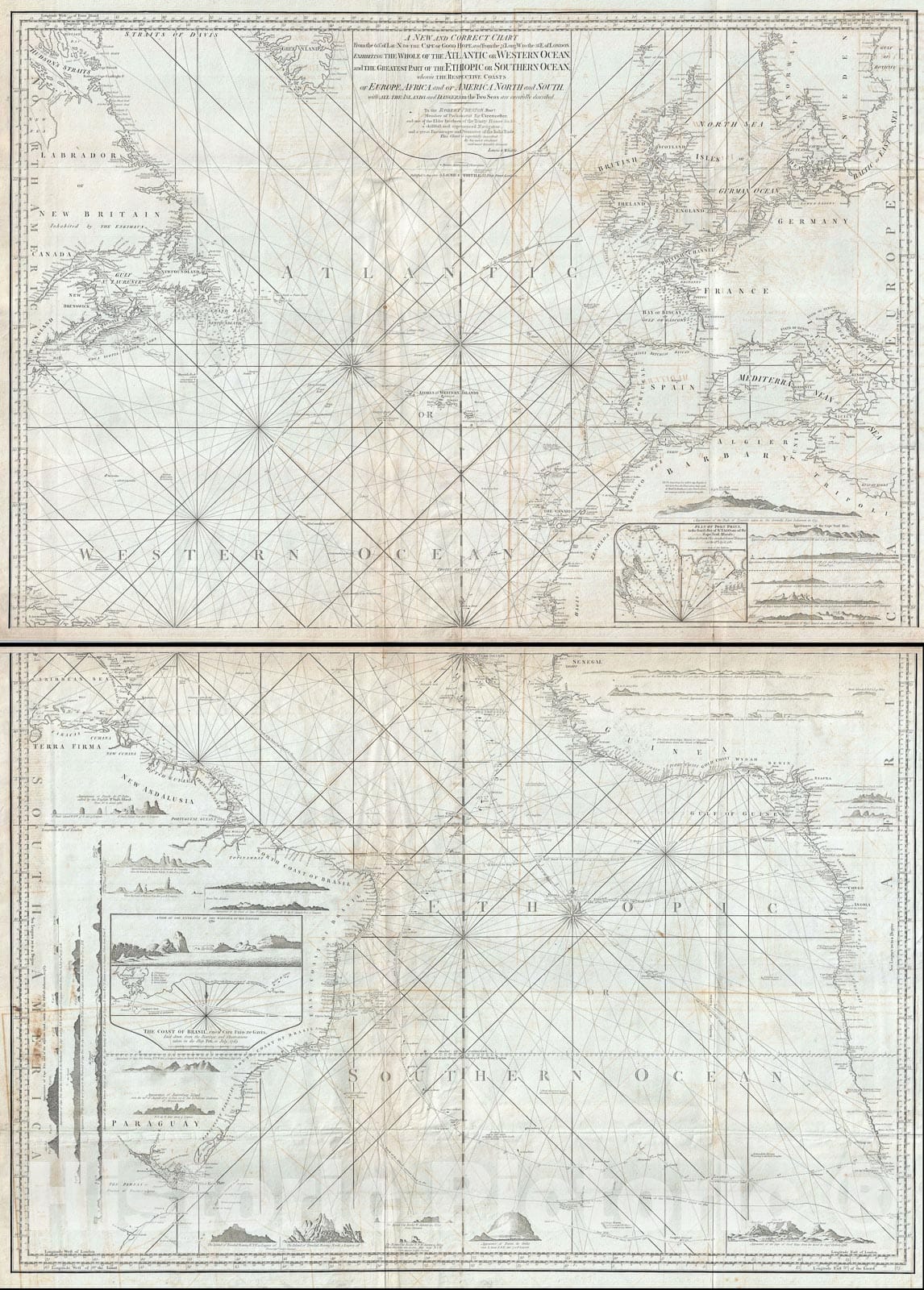 Historic Map : Nautical Chart The Atlantic Ocean, Laurie and Whittle, 1802, Vintage Wall Art