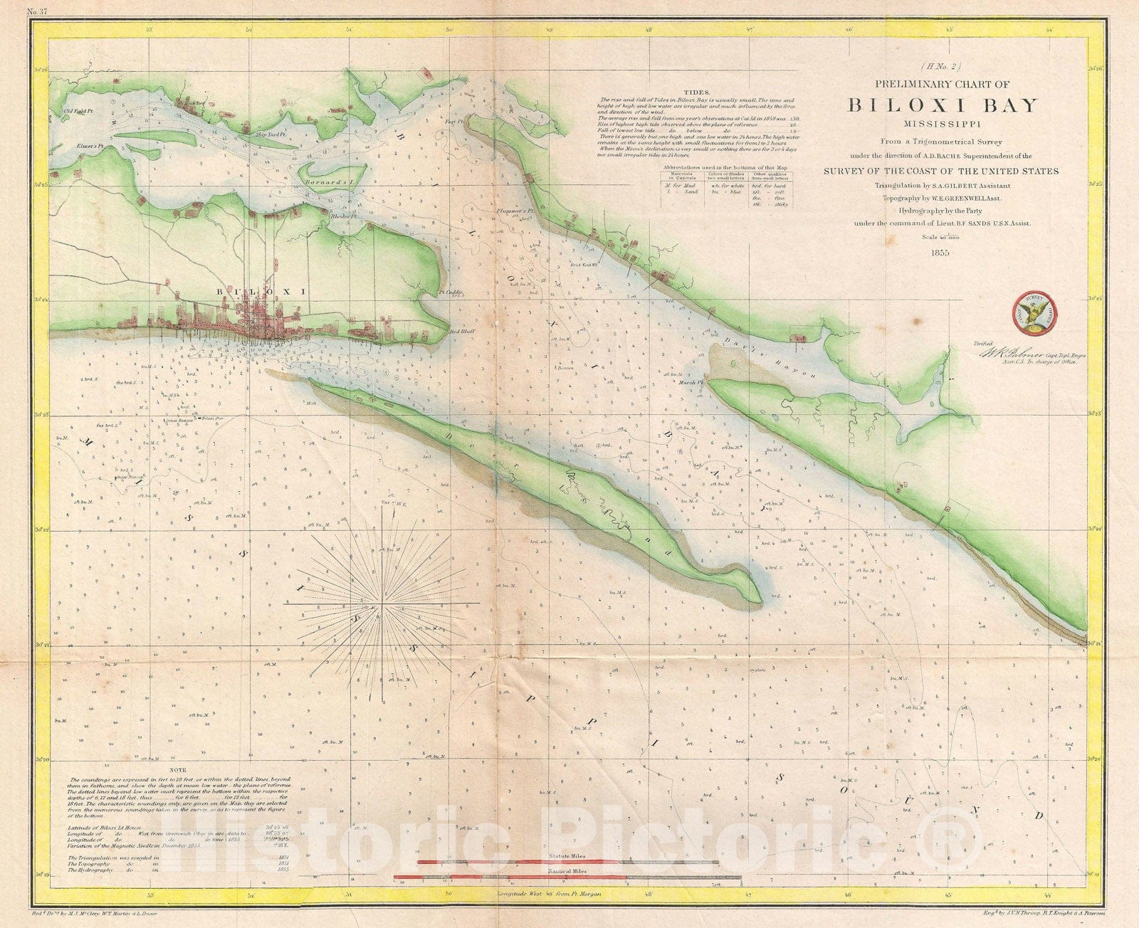 Historic Map : Biloxi Bay, Mississippi, U.S. Coast Survey, 1855, Vintage Wall Art
