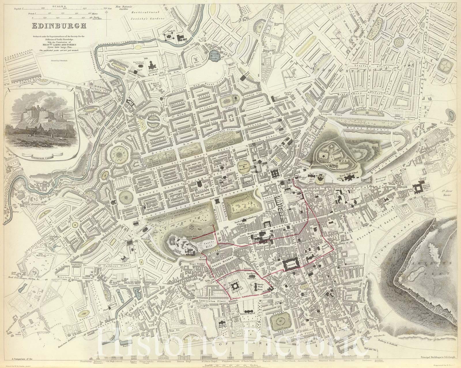 Historic Map : Plan of Edinburgh, Scotland, S.D.U.K., 1834, Vintage Wall Art