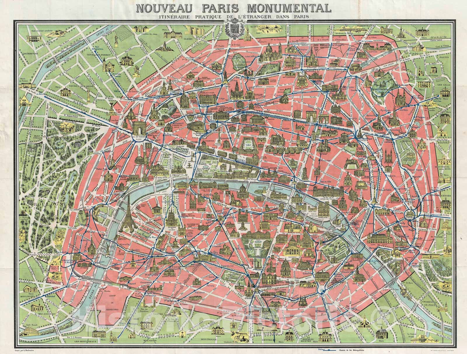Historic Map : Maillet Pictorial Map of Paris, France w/Monuments, 1937, Vintage Wall Art