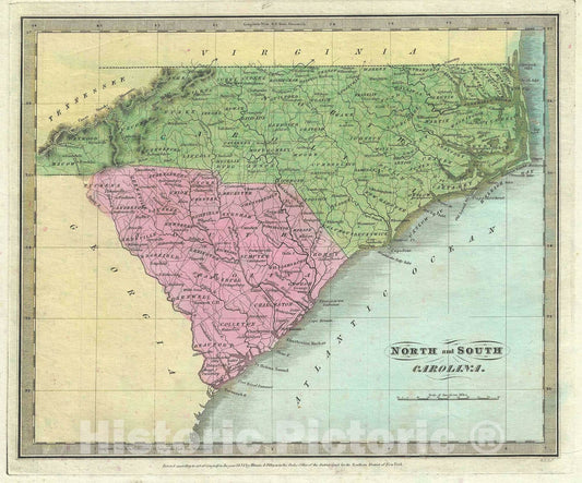 Historic Map : North Carolina and South Carolina, Burr, 1834, Vintage Wall Art