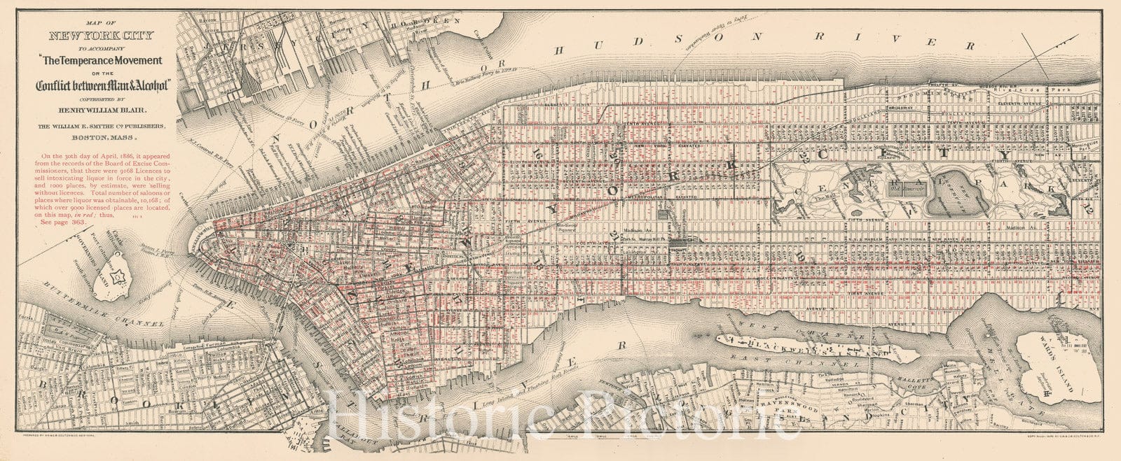 Historic Map : Blair Temperance Saloon Map of New York City, 1888, Vintage Wall Art