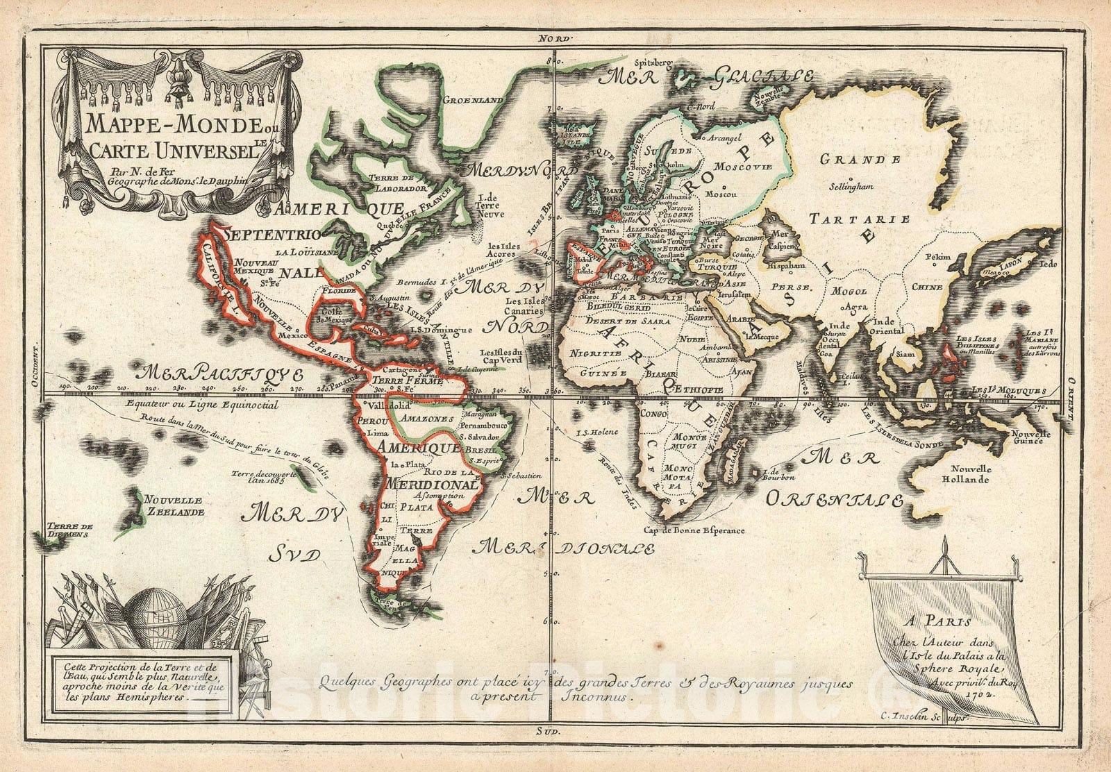 Historic Map : The World, De Fer, 1702, Vintage Wall Art