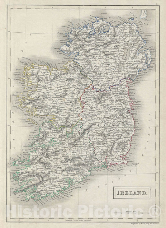 Historic Map : Ireland in Provinces, Black, 1840, Vintage Wall Art