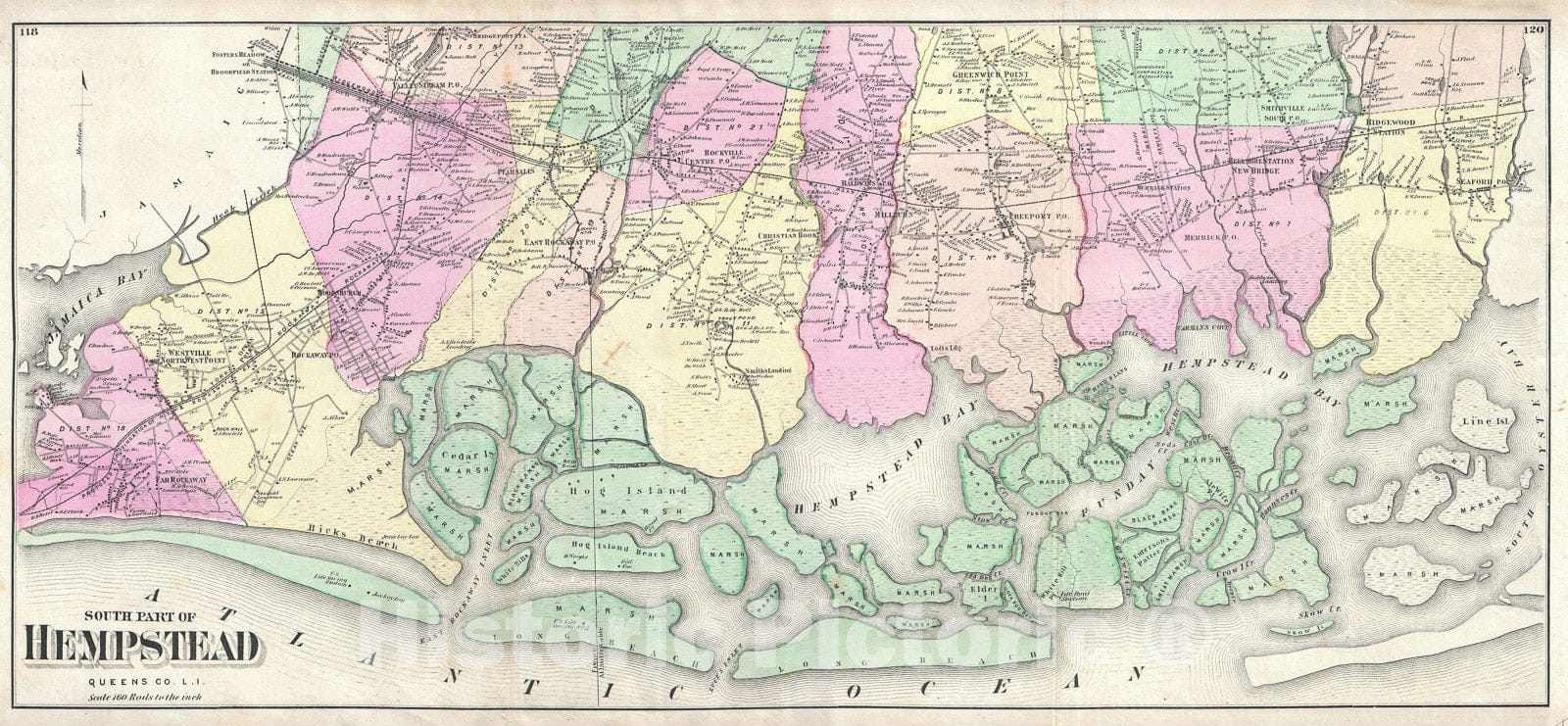 Historic Map : South Hempstead, Long Island, New York, Beers, 1873, Vintage Wall Art
