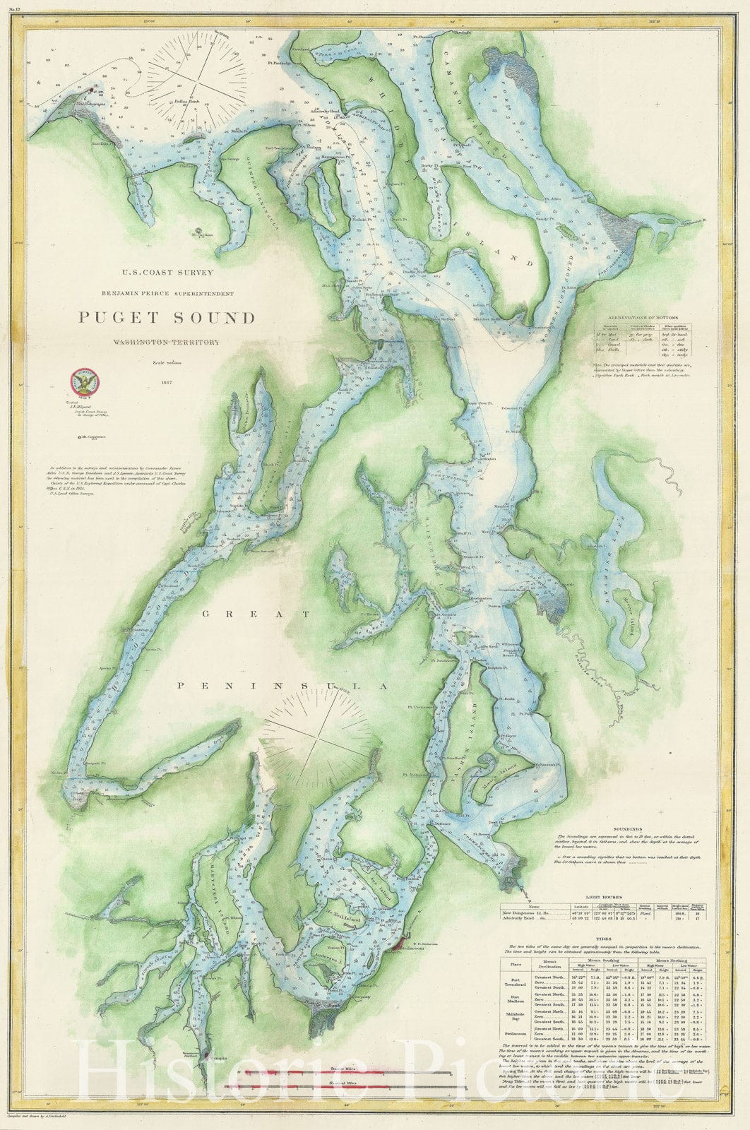 Historic Map : Nautical Chart Puget Sound, Washington, U.S. Coast Survey, 1867, Vintage Wall Art
