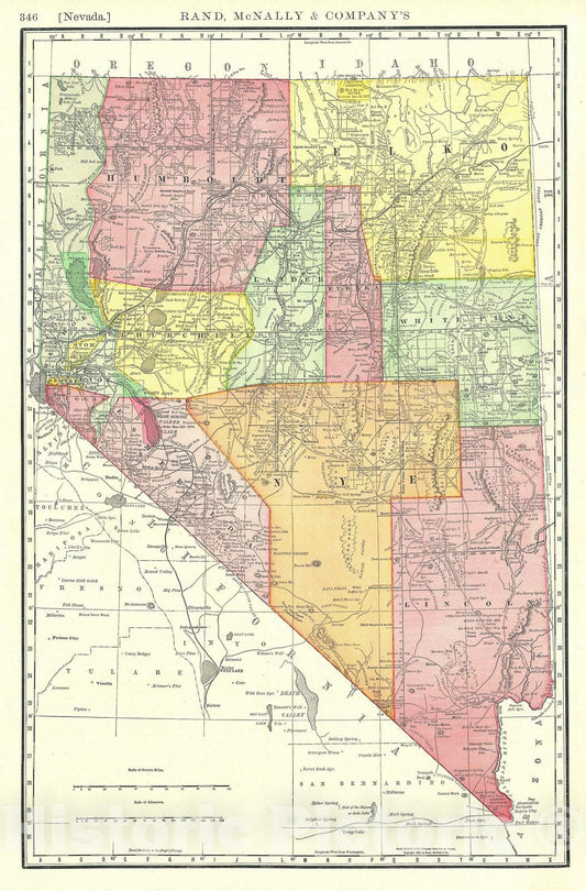 Historic Map : Nevada, Rand McNally, 1888, Vintage Wall Art