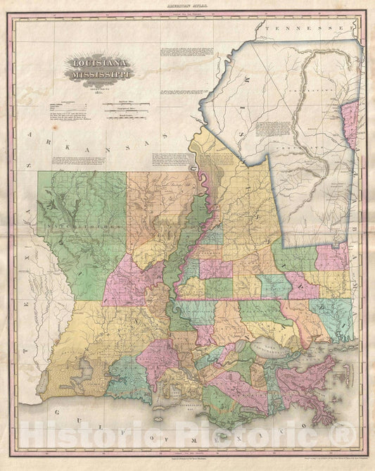 Historic Map : Mississippi and Louisiana "Chickasaw, Chocktaw", Tanner, 1825, Vintage Wall Art