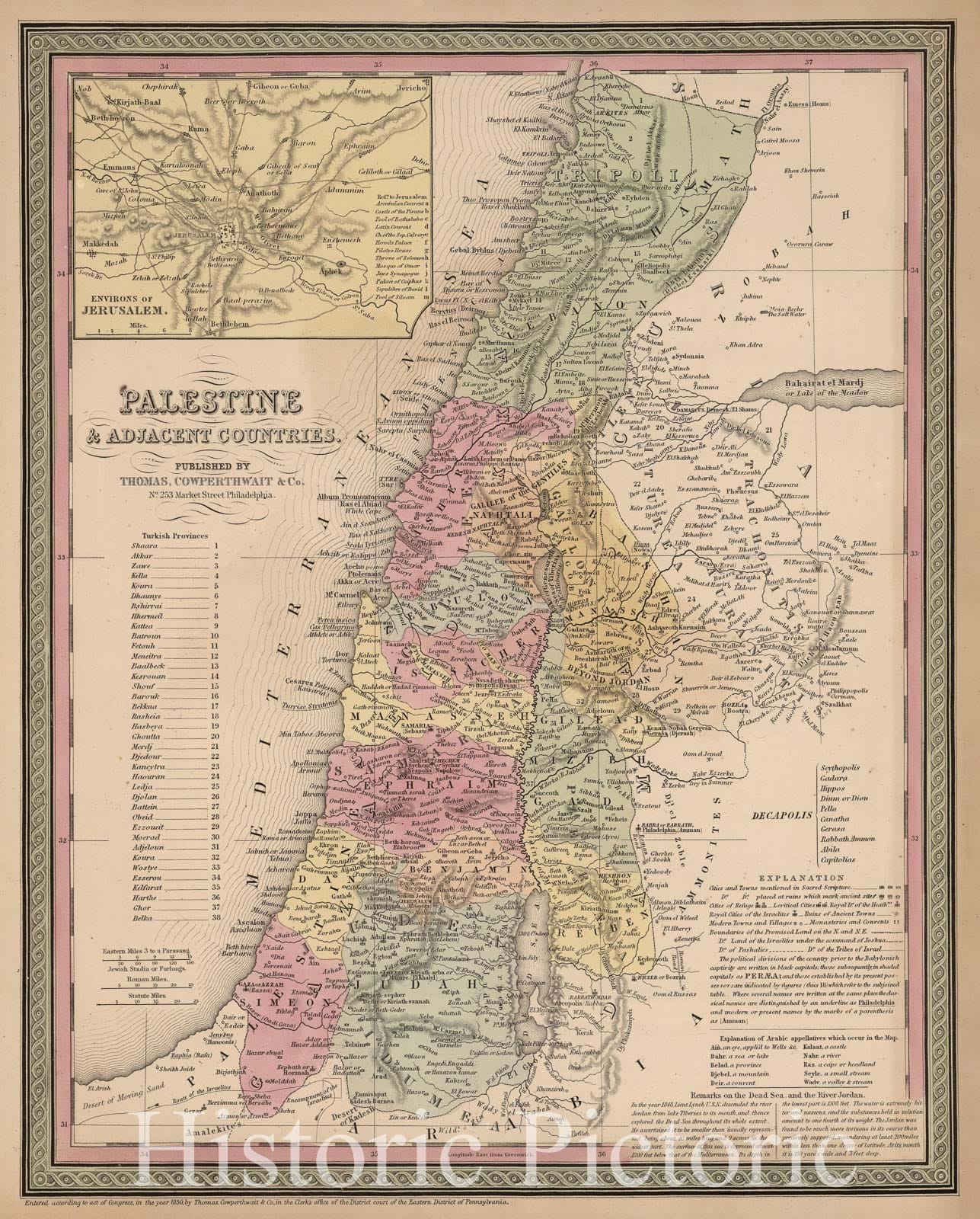 Historic Map : Palestine, Israel and The Holy Land, Mitchell, 1850, Vintage Wall Art
