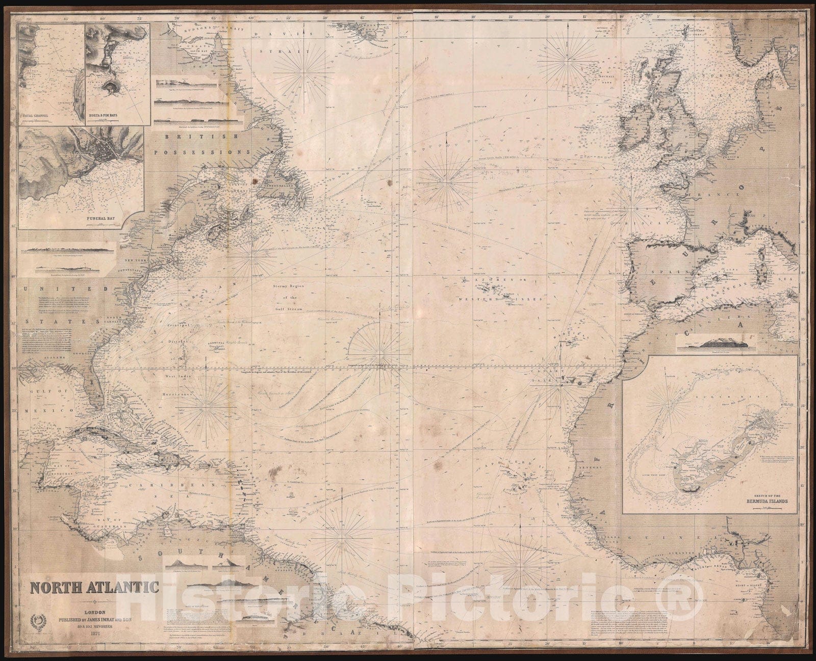Historic Map : Nautical Chart North Atlantic, Blueback, 1871, Vintage Wall Art