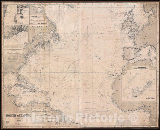 Historic Map : Nautical Chart North Atlantic, Blueback, 1871, Vintage Wall Art
