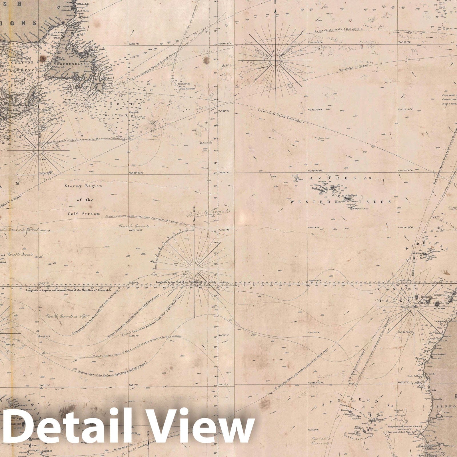 Historic Map : Nautical Chart North Atlantic, Blueback, 1871, Vintage Wall Art
