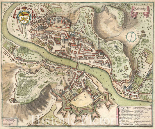 Historic Map : Bird's Eye View Salzburg, Merian, 1644, Vintage Wall Art