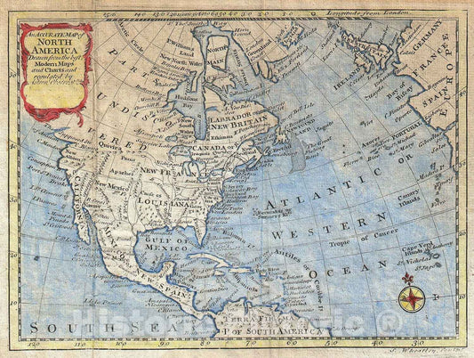 Historic Map : North America, Bowen, 1747, Vintage Wall Art