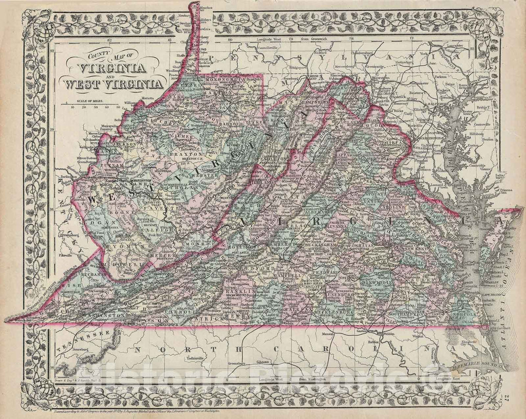 Historic Map : Virginia and West Virginia, Mitchell, 1872, Vintage Wall Art