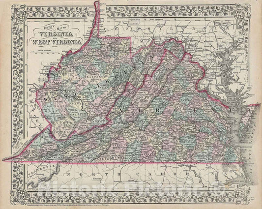 Historic Map : Virginia and West Virginia, Mitchell, 1872, Vintage Wall Art